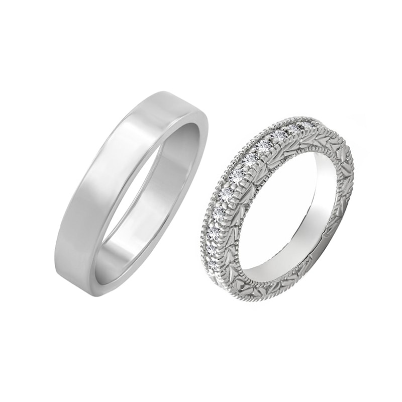 Dámský diamantový vintage prsten a pánský plochý snubní prsten Paul