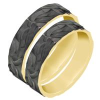 Zlaté snubní prsteny s reliéfním povrchem a černým rutheniem Jamone