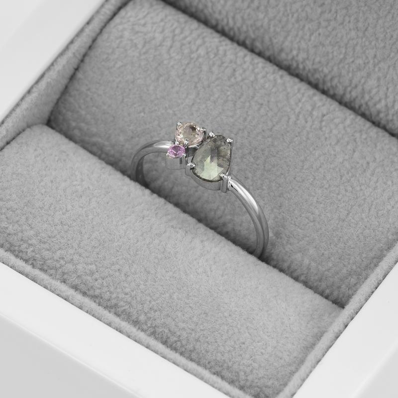 Zlatý prsten s pear diamantem, morganitem a safírem 48987
