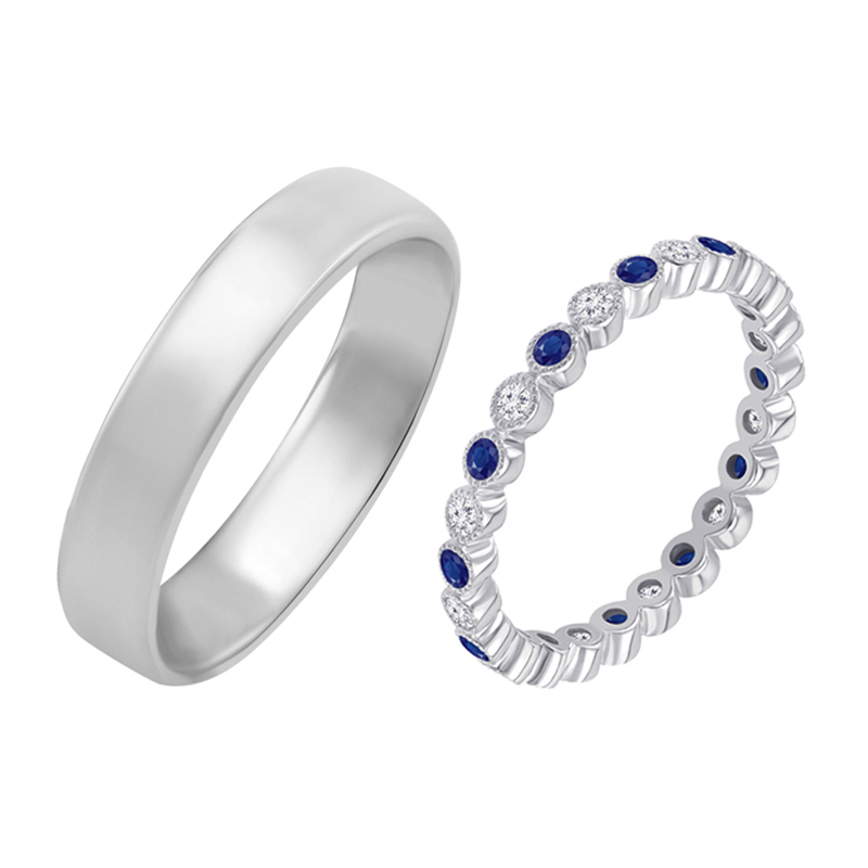 Dámský eternity prsten s diamanty a safíry a pánským komfortní prsten 