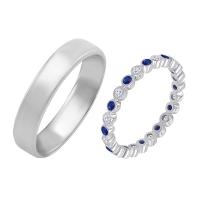 Dámský eternity prsten s diamanty a safíry a pánským komfortní prsten Catalin