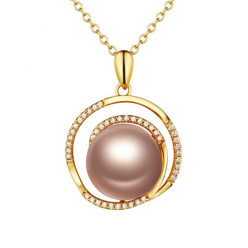 Zlatý náhrdelník s broskvovou perlou a diamanty Meiko