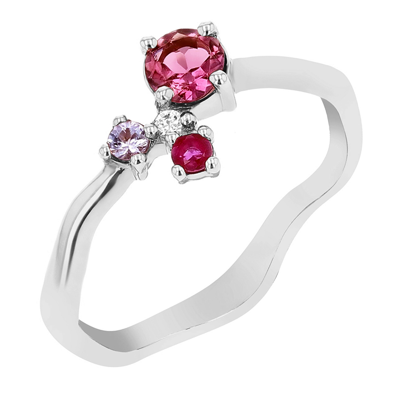 Stříbrný cluster prsten s turmalínem, tanzanitem, rubínem a diamantem Roche 116088