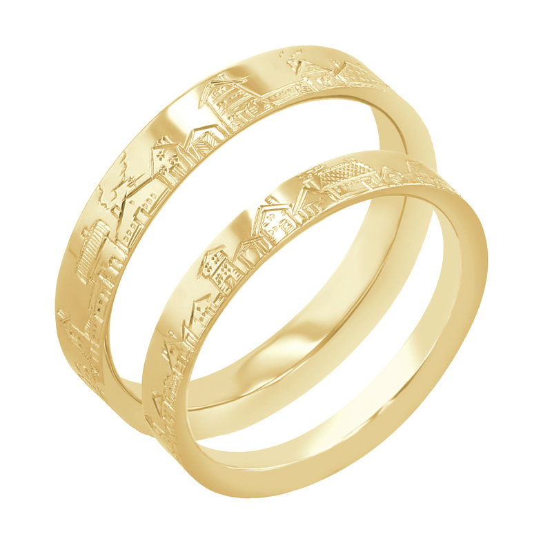 Snubní prsteny s ruční rytinou města Bevan