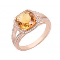 Zlatý prsten s cushion citrínem a diamanty Alicia
