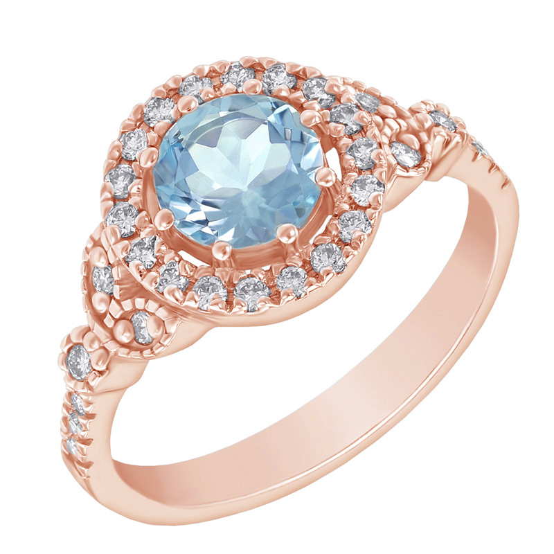 Zlatý zásnubní halo prsten s akvamarínem a diamanty
