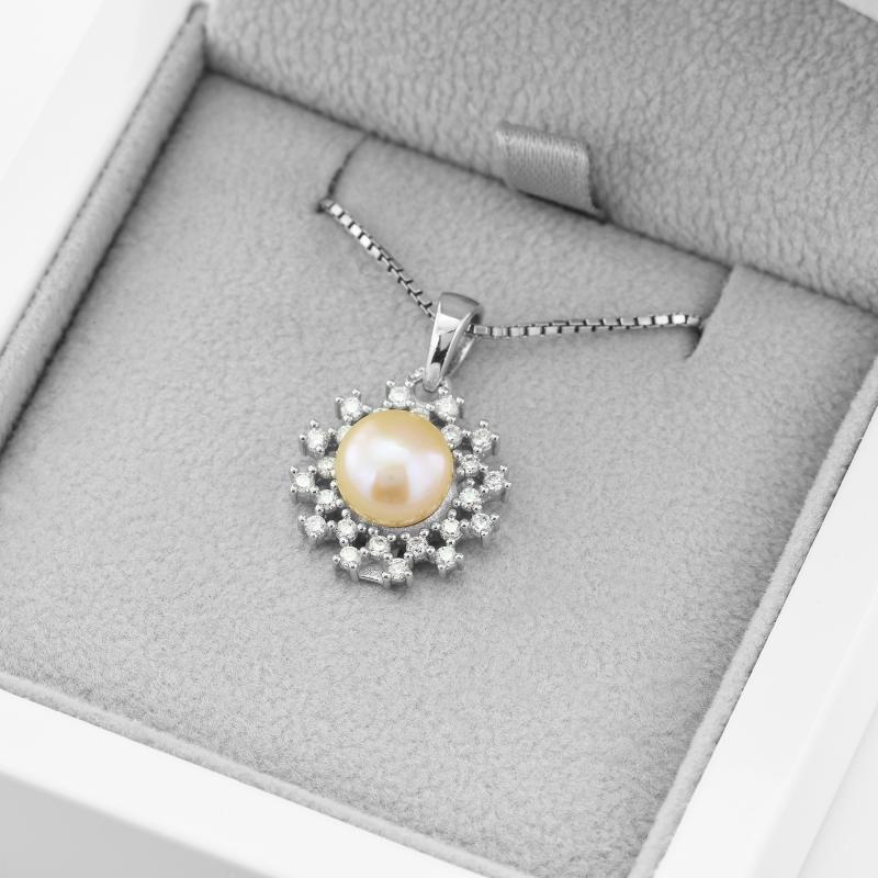 Romantický stříbrný náhrdelník s broskvovou perlou a zirkony 49028