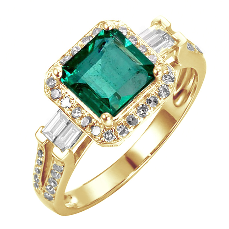 Zlatý prsten se smaragdem obklopeným diamanty Carli 104289