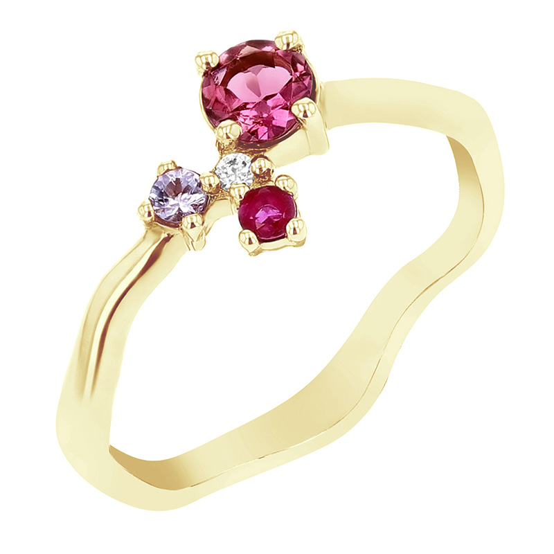 Stříbrný cluster prsten s turmalínem, tanzanitem, rubínem a diamantem Roche