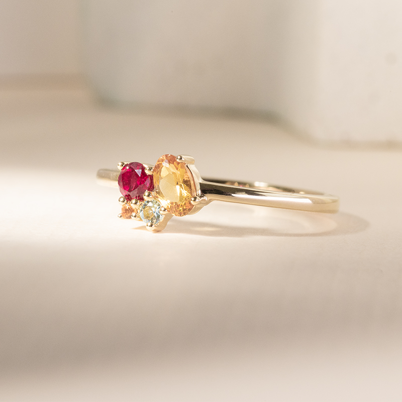 Cluster prsten s citríny, rubínem a akvamarínem Bluma 120319