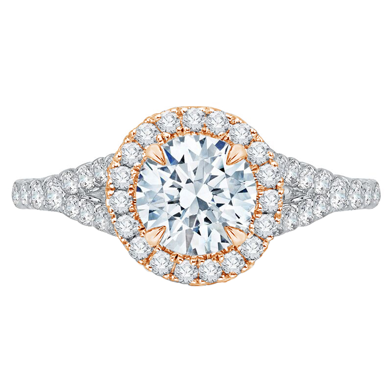 Zlatý romantický zásnubní prsten v halo stylu s diamanty