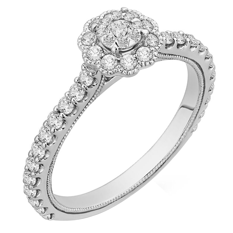 Zlatý halo zásnubní prsten s diamantovým květem Alaina 48329
