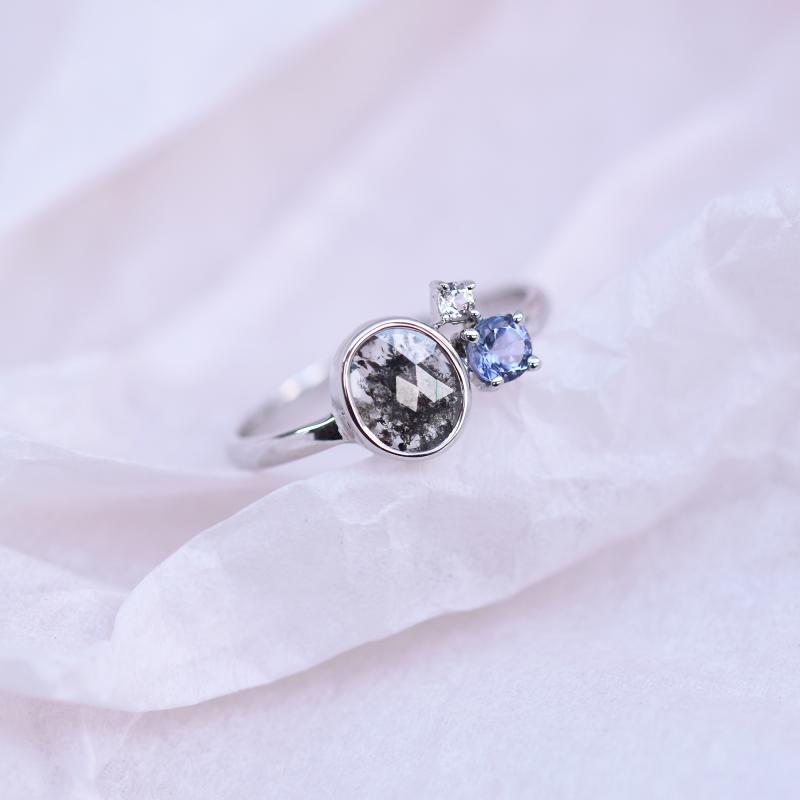 Zlatý cluster prsten s šedým diamantem, tanzanitem 49709
